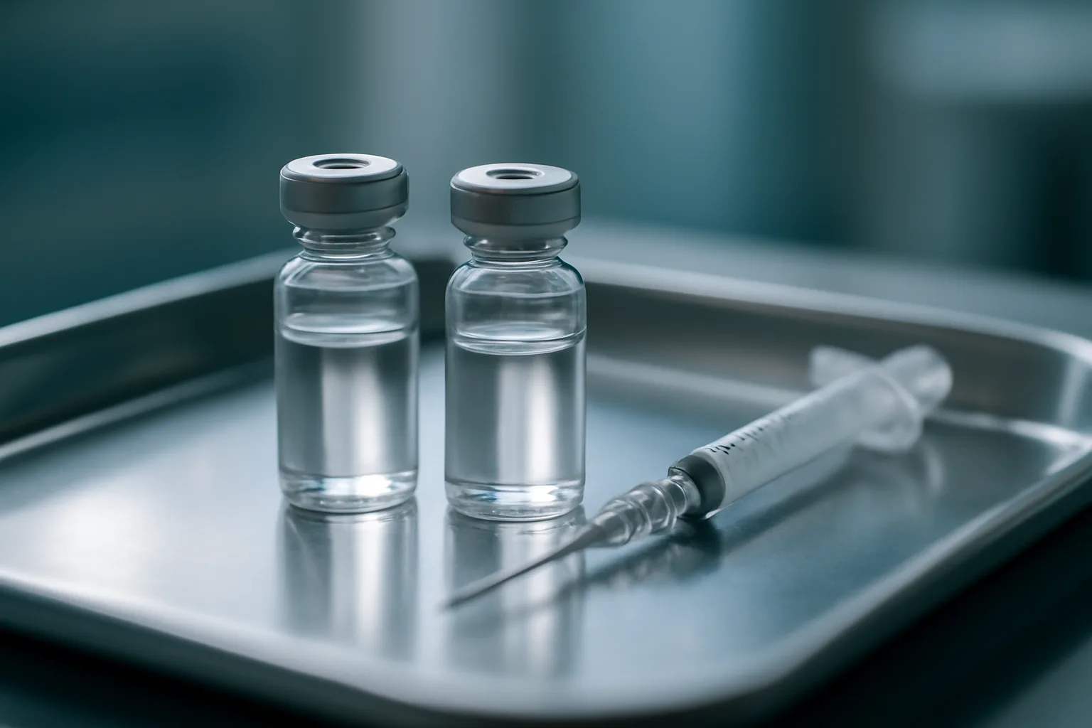 Two unlabeled injection vials on a steel tray representing tesamorelin peptide vs retatrutide comparison