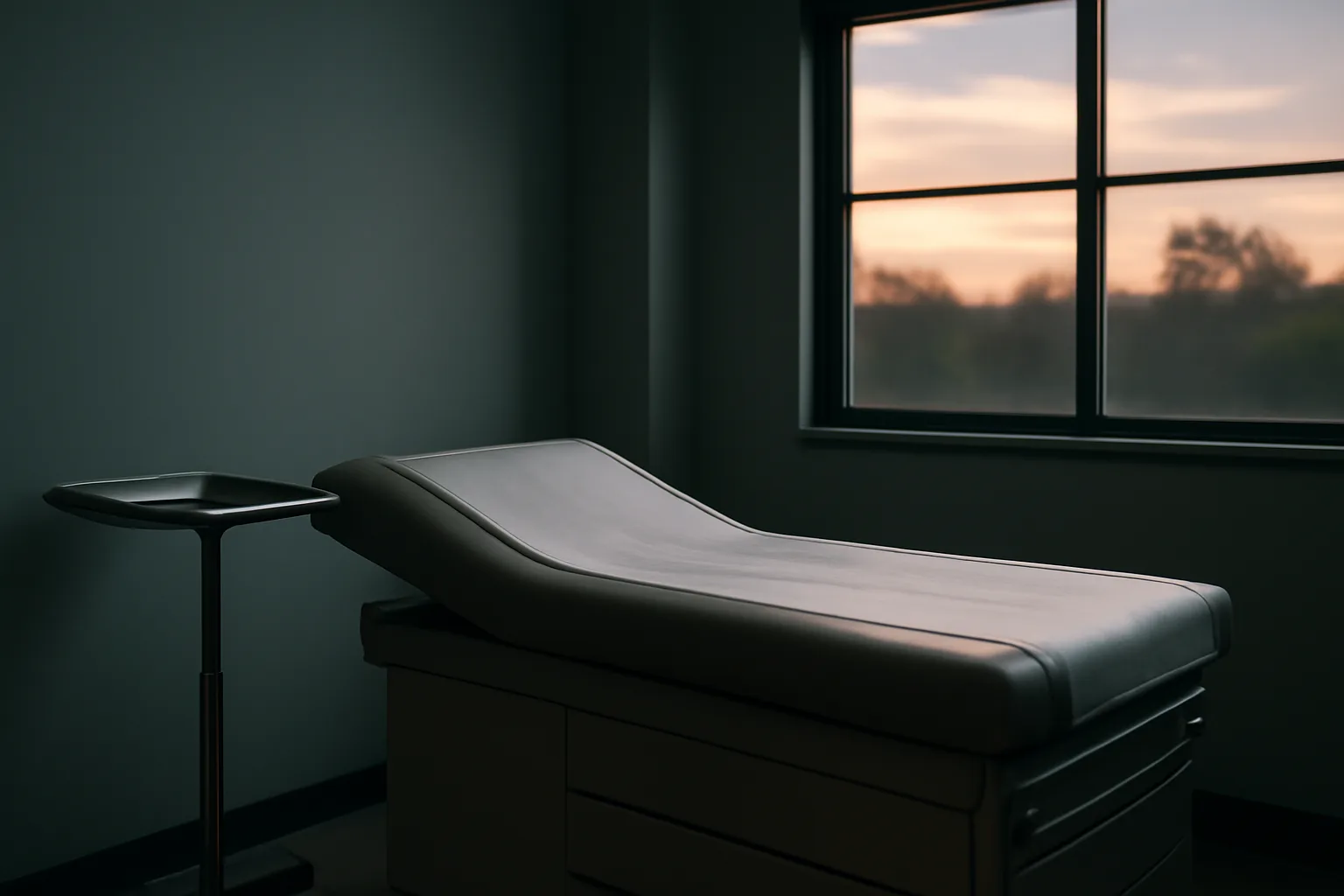 Empty clinical trial exam room representing supervised retatrutide dosing under study