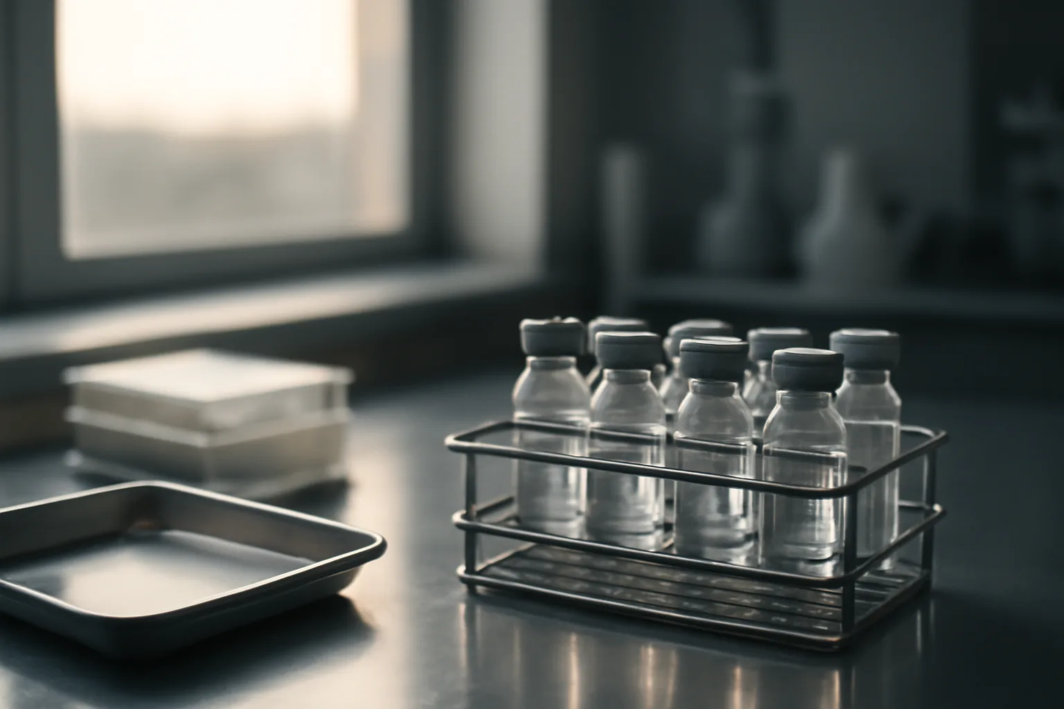 Glass vials in a steel rack under soft morning light in a research lab