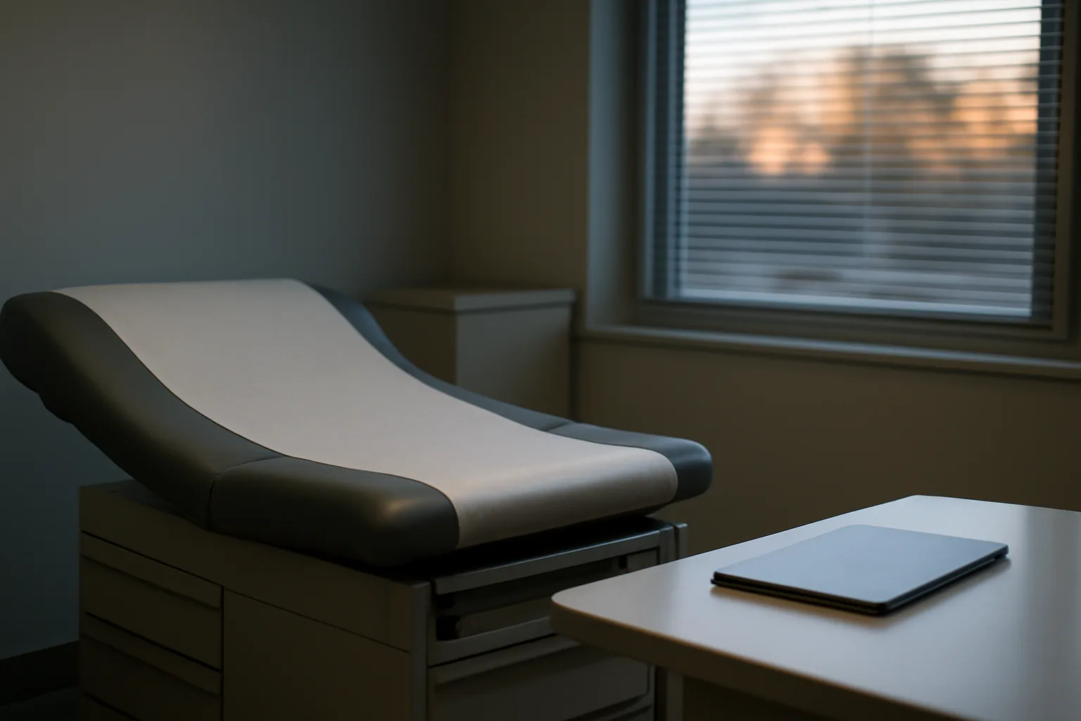 Empty clinical trial exam room representing investigational status of the reta peptide clinical trial