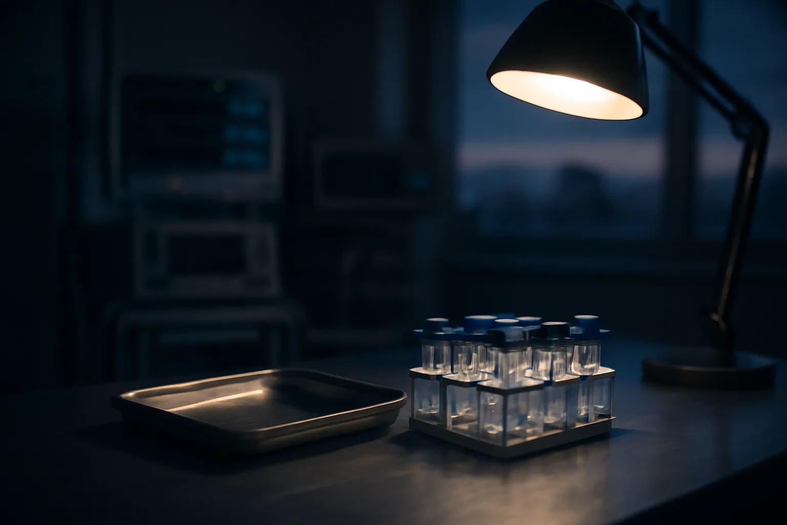 Clinical trial lab bench with vial rack, representing retatrutide peptide research results