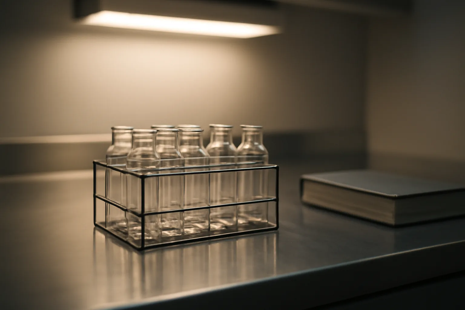 Empty glass vials in a steel rack on a pharmacy counter, evoking the retatrutide legal gap