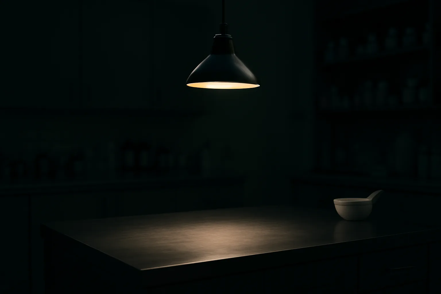 Empty stainless steel compounding pharmacy counter under a single lamp at night
