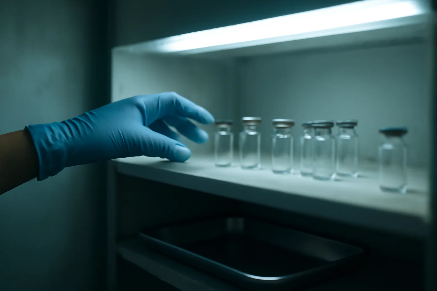 Gloved hand reaching for unlabeled glass vials on a clinical shelf
