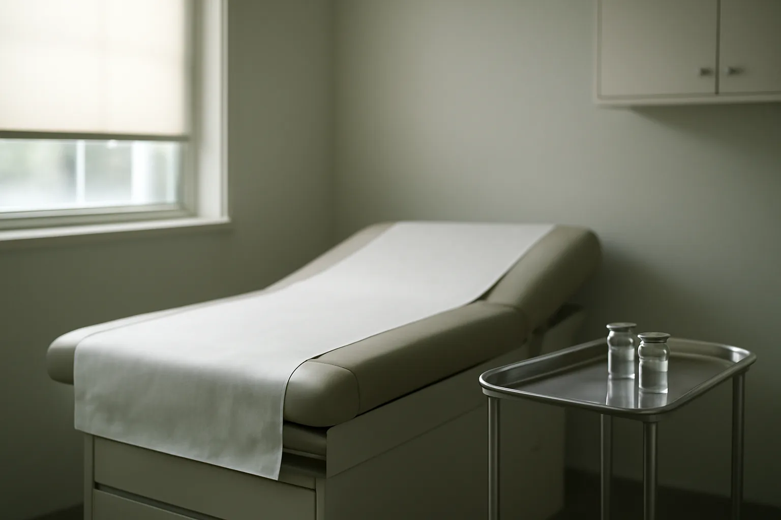 Empty clinical exam room with steel tray and glass vials in natural light