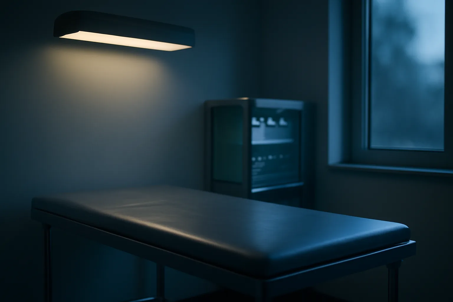 Empty clinical trial research room with vial storage, evoking retatrutide clinical trial dosing studies