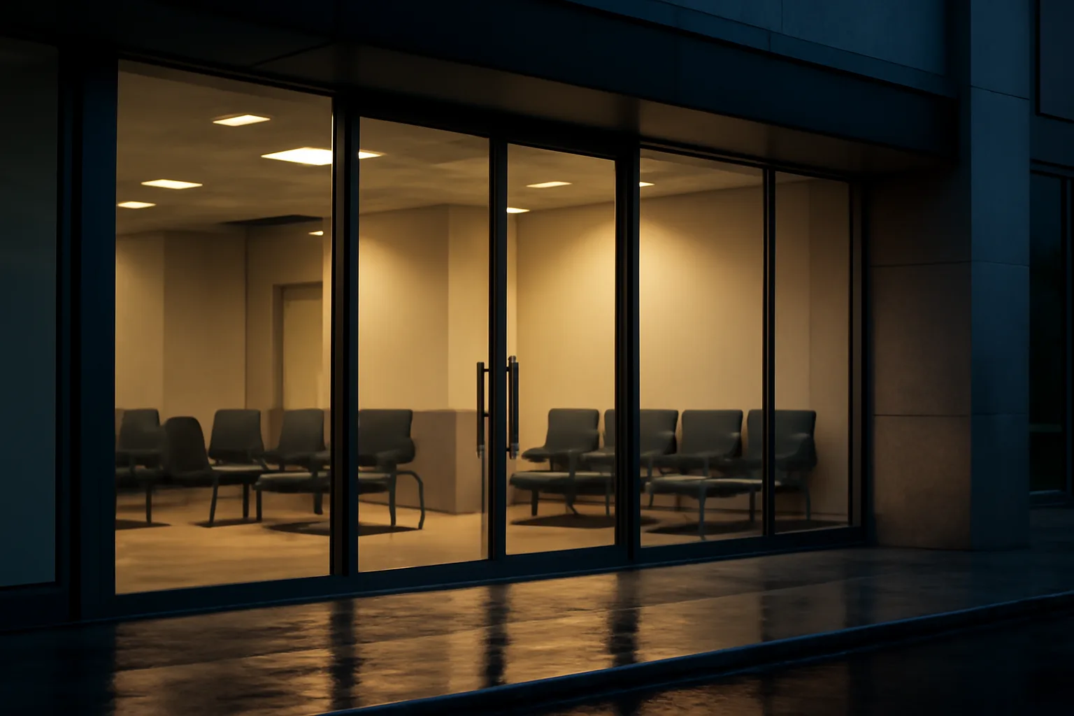 Empty research clinic lobby at dusk representing the search for retatrutide clinical trials